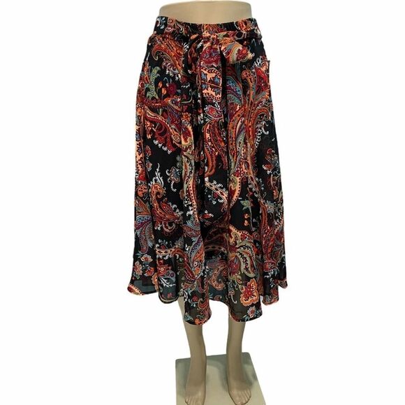 Mix Nouveau Paisley Peasant Midi‎ Skirt Bow Waist Elastic Boho Black Medium - Picture 1 of 12